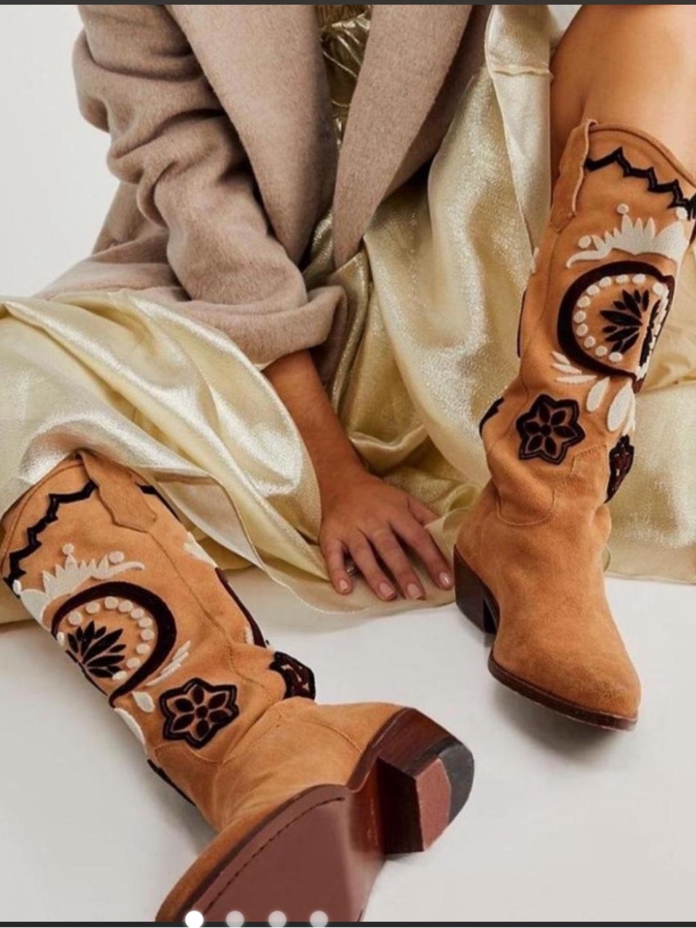 Free People Tan Suede Embroidered Roundhouse Stitch Boots